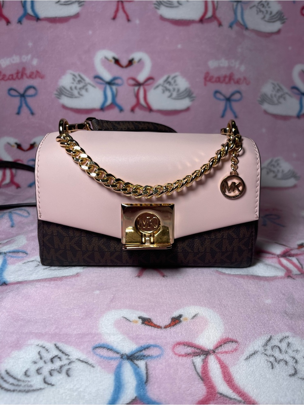 Michael Kors Pink and Brown Logo-Trim Crossbody with Gold Chain